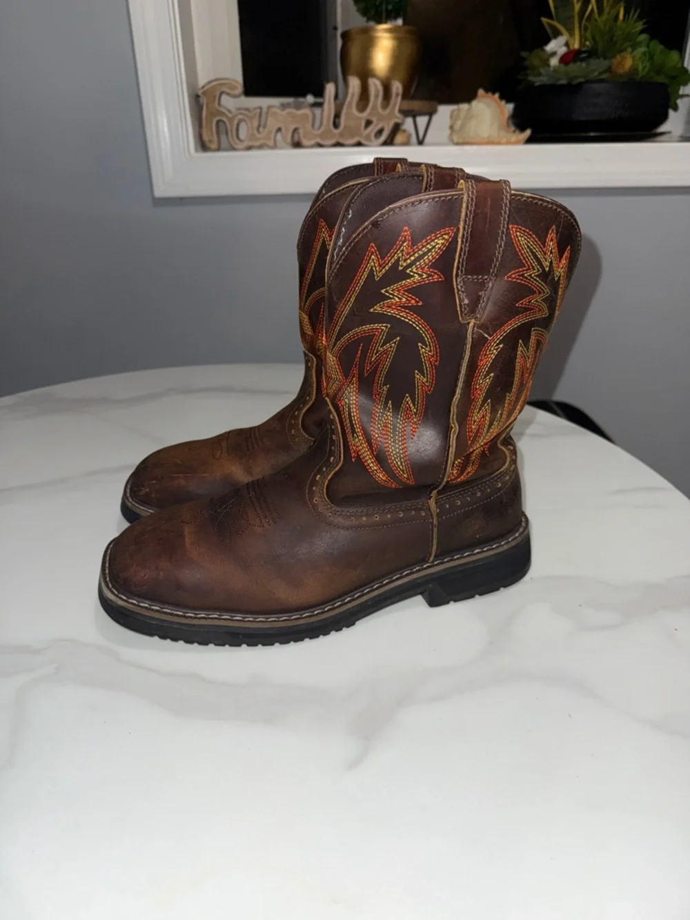 Brown Men's Pull-On Work Boots with Orange Stitching